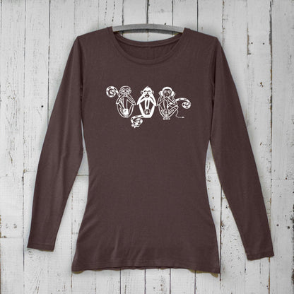Dark brown women's long sleeve t-shirt with white Three Wise Monkeys graphic. Bamboo organic cotton See No Evil Hear No Evil Speak No Evil design.