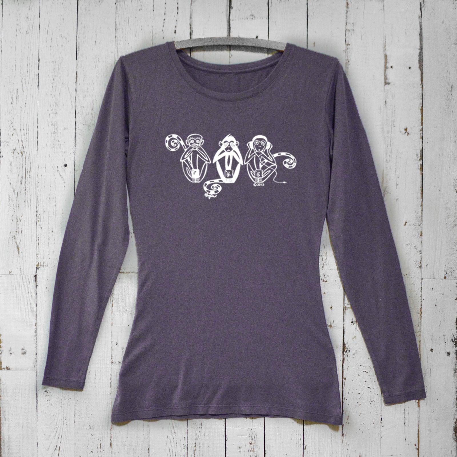 Dark purple women's bamboo long sleeve t-shirt featuring See No Evil Hear No Evil Speak No Evil monkey print. Eco-friendly organic cotton top.