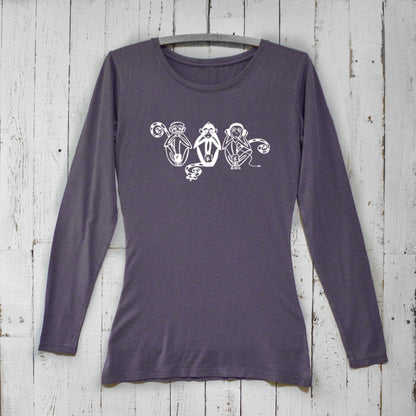 Dark purple women's bamboo long sleeve t-shirt featuring See No Evil Hear No Evil Speak No Evil monkey print. Eco-friendly organic cotton top.
