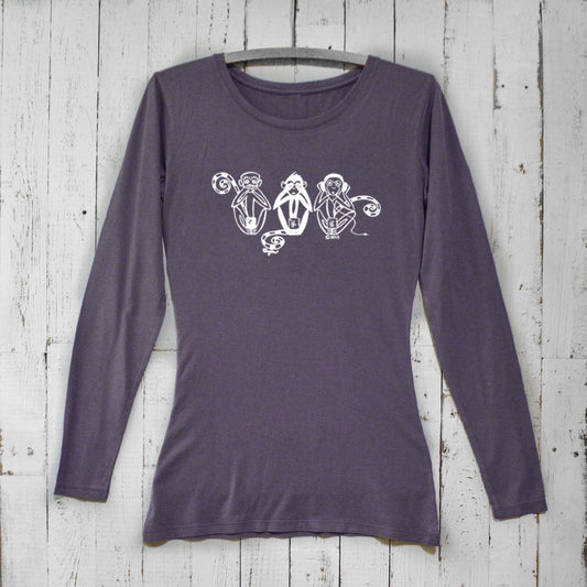Dark purple women's bamboo long sleeve t-shirt featuring See No Evil Hear No Evil Speak No Evil monkey print. Eco-friendly organic cotton top.