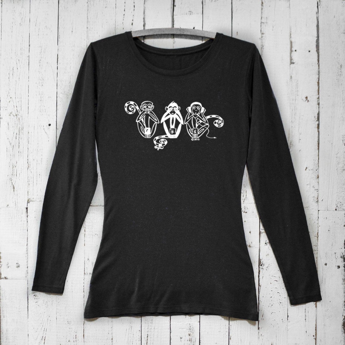 Black women's long sleeve graphic shirt with Three Wise Monkeys design. Sustainable bamboo and organic cotton See No Evil Hear No Evil Speak No Evil tee.
