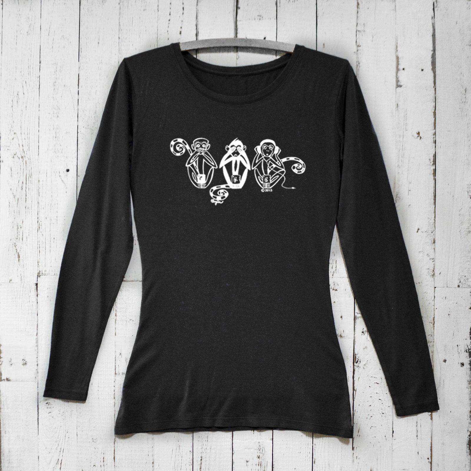 Black women's long sleeve graphic shirt with Three Wise Monkeys design. Sustainable bamboo and organic cotton See No Evil Hear No Evil Speak No Evil tee.
