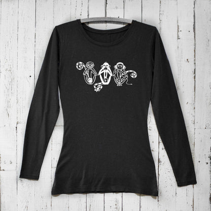 Black women's long sleeve graphic shirt with Three Wise Monkeys design. Sustainable bamboo and organic cotton See No Evil Hear No Evil Speak No Evil tee.