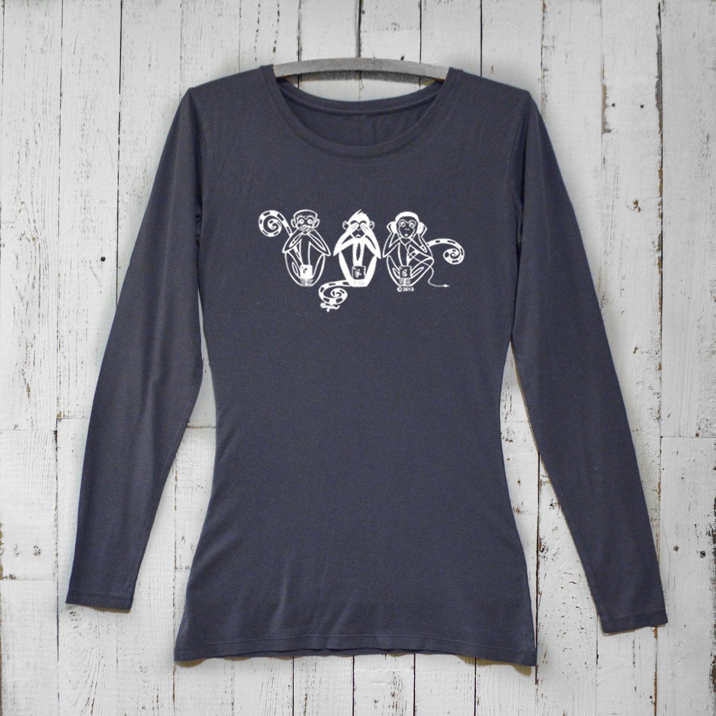 Ocean blue women's long sleeve t-shirt with white Three Wise Monkeys artwork. Bamboo organic cotton See No Evil Hear No Evil Speak No Evil top.