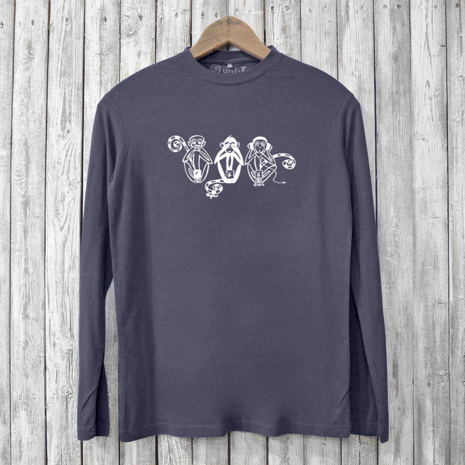 Men's bamboo long sleeve T-shirt in charcoal with 'See No Evil Hear No Evil Speak No Evil' monkey graphic. Eco-conscious and soft organic cotton blend.