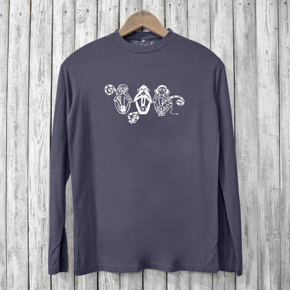 Men's bamboo long sleeve T-shirt in charcoal with 'See No Evil Hear No Evil Speak No Evil' monkey graphic. Eco-conscious and soft organic cotton blend.