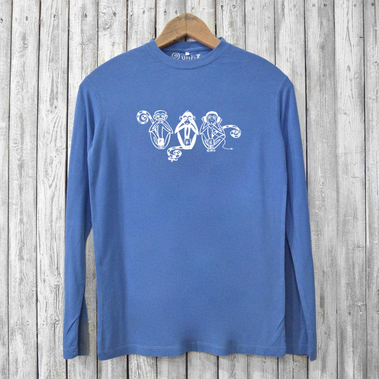 Blue men's bamboo and organic cotton long sleeve shirt featuring white 'See No Evil Hear No Evil Speak No Evil' monkey design. Sustainable and breathable.