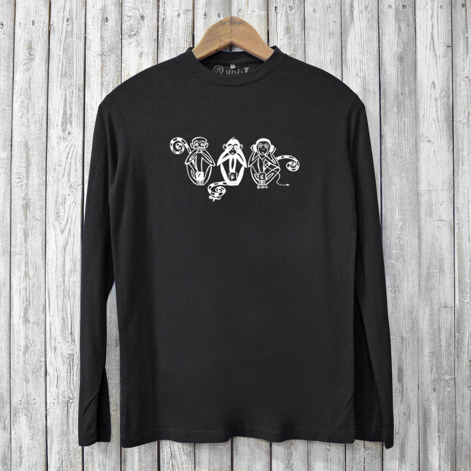 Black men's bamboo long sleeve graphic tee with white 'See No Evil Hear No Evil Speak No Evil' monkeys. Soft, eco-friendly fashion for conscious shoppers.