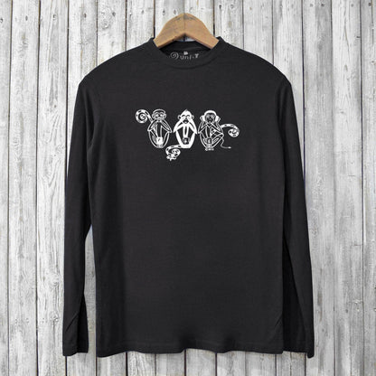 Black men's bamboo long sleeve graphic tee with white 'See No Evil Hear No Evil Speak No Evil' monkeys. Soft, eco-friendly fashion for conscious shoppers.