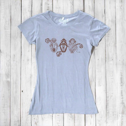 Light blue Women's Three Wise Monkeys T-Shirt made from bamboo & organic cotton, featuring a brown artistic monkey graphic for wisdom and mindfulness.