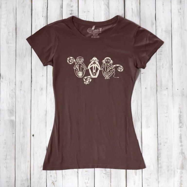Brown Women's Three Wise Monkeys T-Shirt in bamboo & organic cotton with cream monkey print, ideal for eco-conscious fashion and inspirational gifting.