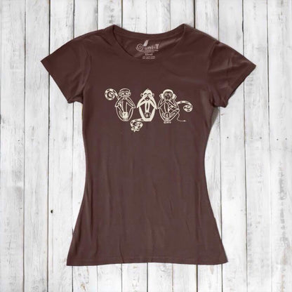 Brown Women's Three Wise Monkeys T-Shirt in bamboo & organic cotton with cream monkey print, ideal for eco-conscious fashion and inspirational gifting.