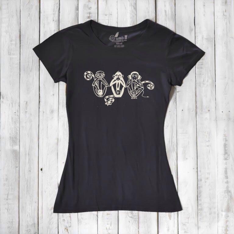 Black Women's Three Wise Monkeys T-Shirt in bamboo & organic cotton with cream monkey design, combining sustainability with a message of wisdom.