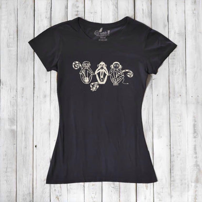 Black Women's Three Wise Monkeys T-Shirt in bamboo & organic cotton with cream monkey design, combining sustainability with a message of wisdom.