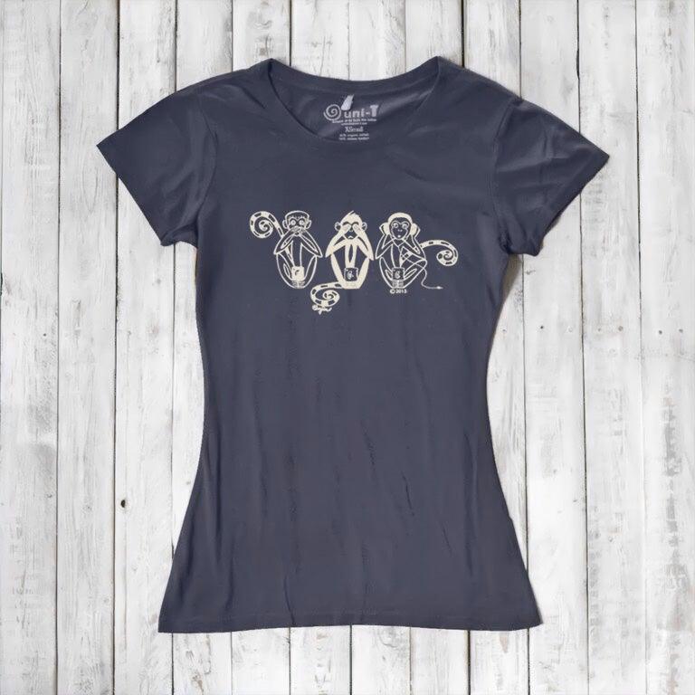 Navy blue Women's Three Wise Monkeys T-Shirt in bamboo & organic cotton, featuring cream monkey artwork symbolizing mindfulness and ethical fashion.