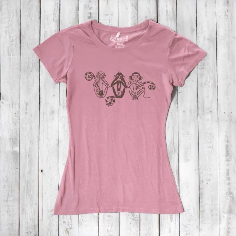 Pink Women's Three Wise Monkeys T-Shirt in bamboo & organic cotton with dark monkey graphic, a soft and meaningful gift for women who value wisdom.