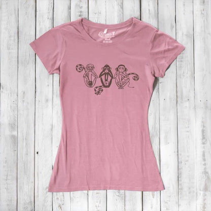 Pink Women's Three Wise Monkeys T-Shirt in bamboo & organic cotton with dark monkey graphic, a soft and meaningful gift for women who value wisdom.
