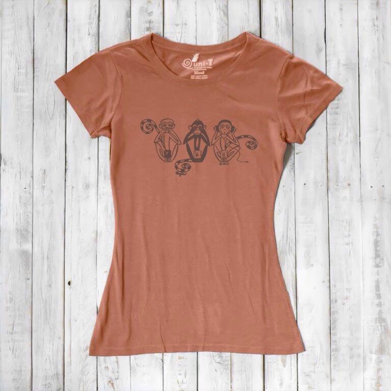 Rust orange Women's Three Wise Monkeys T-Shirt in bamboo & organic cotton with dark monkey print, blending earthy tones with a mindful message.