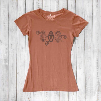 Rust orange Women's Three Wise Monkeys T-Shirt in bamboo & organic cotton with dark monkey print, blending earthy tones with a mindful message.