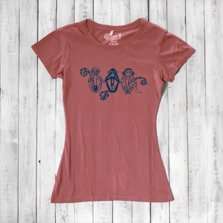 Brick red Women's Three Wise Monkeys T-Shirt in bamboo & organic cotton with navy monkey design, a unique and sustainable gift of inspiration.