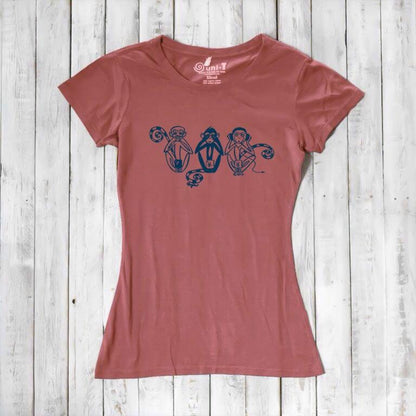 Brick red Women's Three Wise Monkeys T-Shirt in bamboo & organic cotton with navy monkey design, a unique and sustainable gift of inspiration.