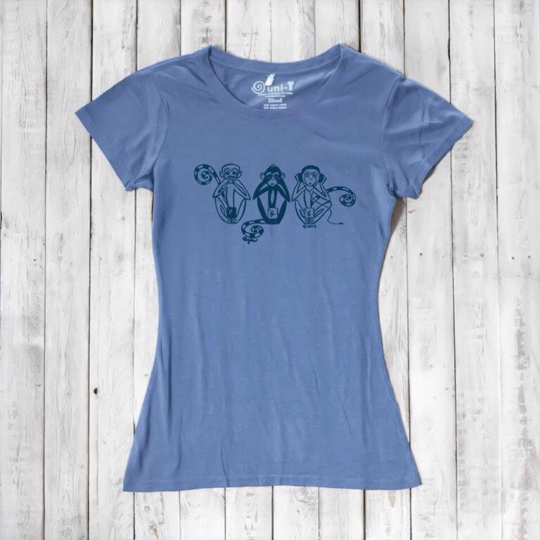 Periwinkle blue Women's Three Wise Monkeys T-Shirt in bamboo & organic cotton with navy monkey print, offering comfort and a message of mindfulness.