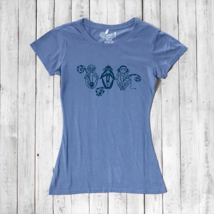 Periwinkle blue Women's Three Wise Monkeys T-Shirt in bamboo & organic cotton with navy monkey print, offering comfort and a message of mindfulness.