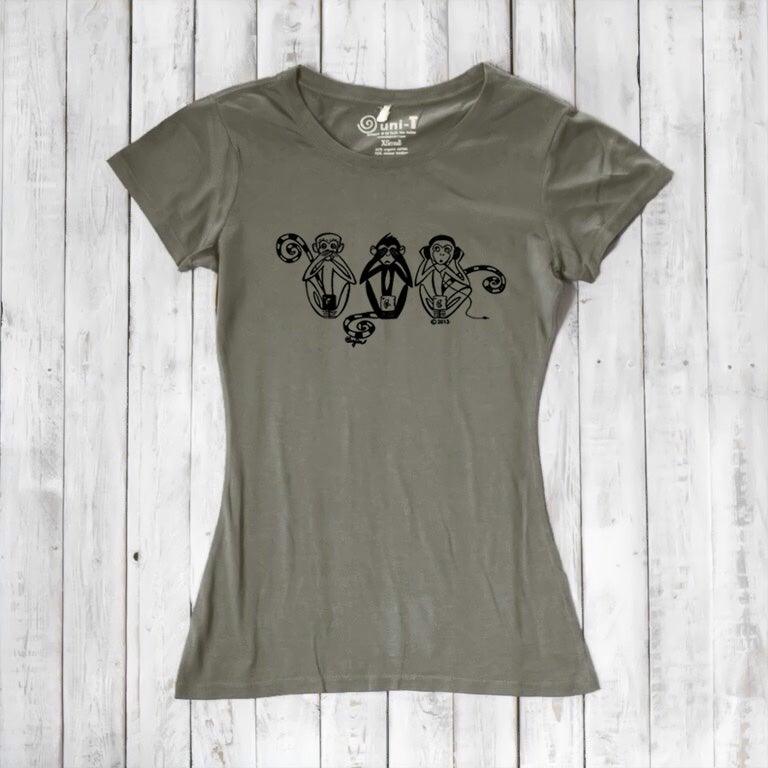 Olive green Women's Three Wise Monkeys T-Shirt in bamboo & organic cotton with black monkey design, ideal for eco-conscious shoppers seeking wisdom.