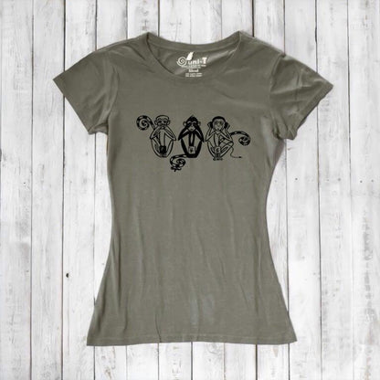 Olive green Women's Three Wise Monkeys T-Shirt in bamboo & organic cotton with black monkey design, ideal for eco-conscious shoppers seeking wisdom.