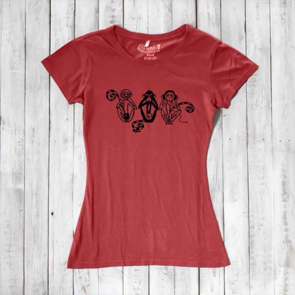 Red Women's Three Wise Monkeys T-Shirt in bamboo & organic cotton with black monkey artwork, a bold and sustainable choice for mindful living.