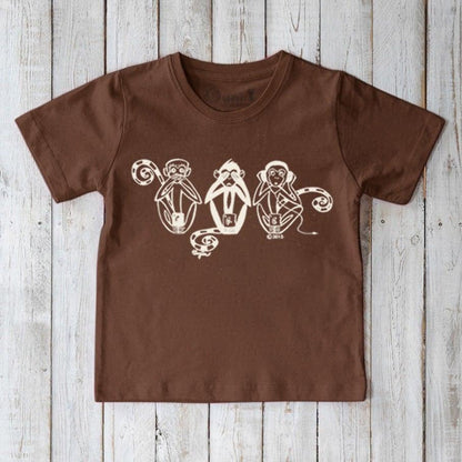 Brown Kids' Organic Cotton T-Shirt featuring whimsical Three Wise Monkeys design. Sustainable and fun animal tee for children by Uni-T.