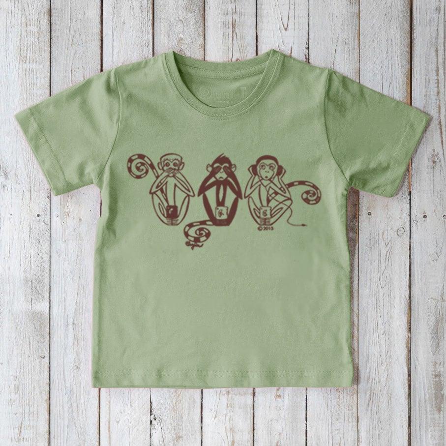 Light green Kids' Organic Cotton T-Shirt with Three Wise Monkeys graphic. Eco-conscious and playful top for children, perfect for gifting.