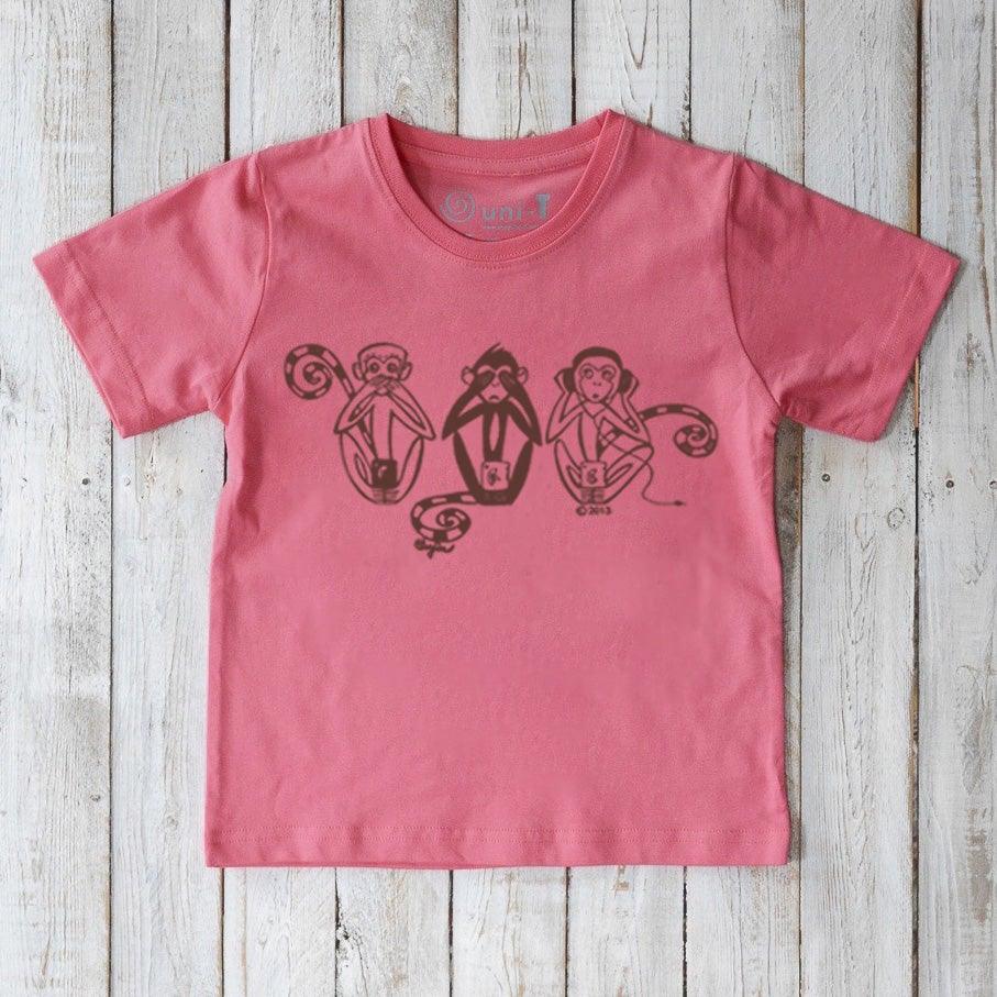 Pink Kids' Organic Cotton T-Shirt with dark Three Wise Monkeys print. Fun and sustainable animal-themed tee for kids by Uni-T.
