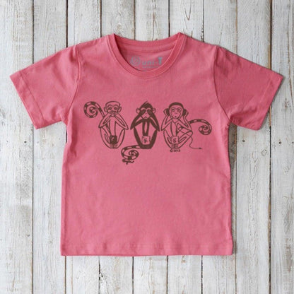 Pink Kids' Organic Cotton T-Shirt with dark Three Wise Monkeys print. Fun and sustainable animal-themed tee for kids by Uni-T.