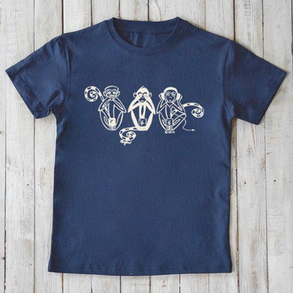 Navy blue Kids' Organic Cotton T-Shirt with white Three Wise Monkeys graphic. Sustainable, fun animal tee for kids, perfect eco gift idea.