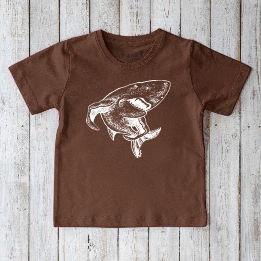 Kids' Shark Organic Cotton T-Shirt in brown with white ocean creature graphic. Eco-friendly sea life tee for children by Uni-T.