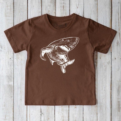 Kids' Shark Organic Cotton T-Shirt in brown with white ocean creature graphic. Eco-friendly sea life tee for children by Uni-T.