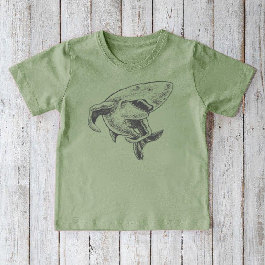 Kids' Shark Organic Cotton T-Shirt in sage green with dark shark illustration. Eco-conscious sea life tee for kids by Uni-T.