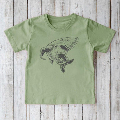 Kids' Shark Organic Cotton T-Shirt in sage green with dark shark illustration. Eco-conscious sea life tee for kids by Uni-T.