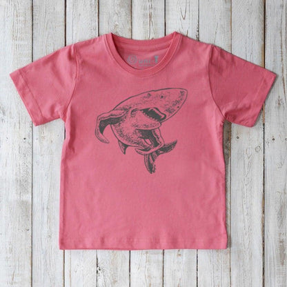 Kids' Shark Organic Cotton T-Shirt in coral pink with black shark design. Ocean-themed sustainable shirt for children by Uni-T.