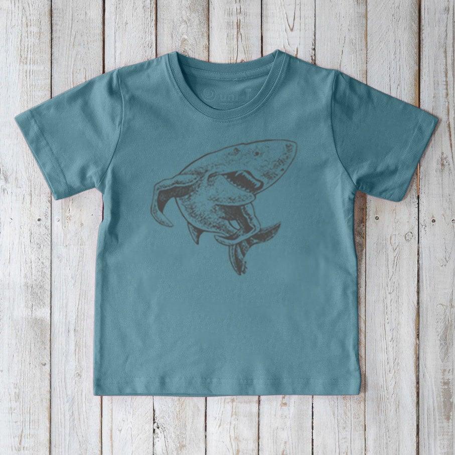 Kids' Shark Organic Cotton T-Shirt in teal blue with dark shark print. Eco-friendly ocean creature tee for kids by Uni-T.
