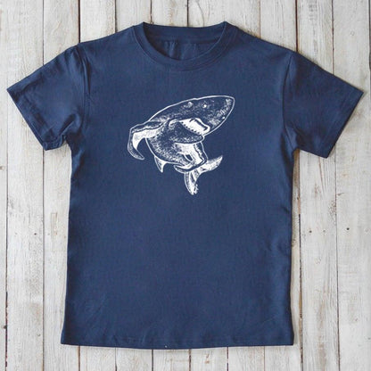Kids' Shark Organic Cotton T-Shirt in navy blue with white shark graphic. Sustainable sea life top for children by Uni-T.