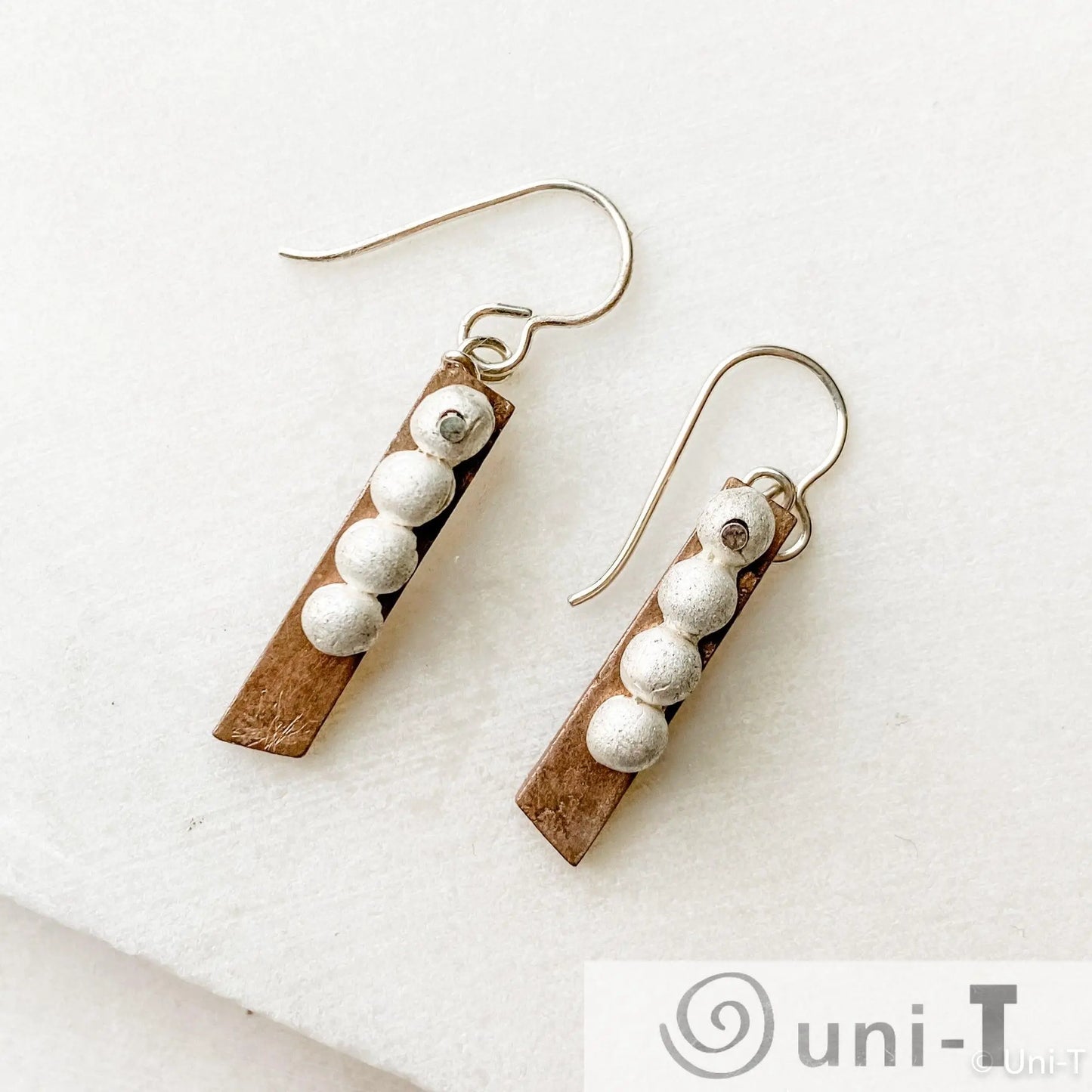 Silver Balls on Bronze Strips Earrings, 99% Pure Precious Metal Clay Earrings Amy Vulfovich