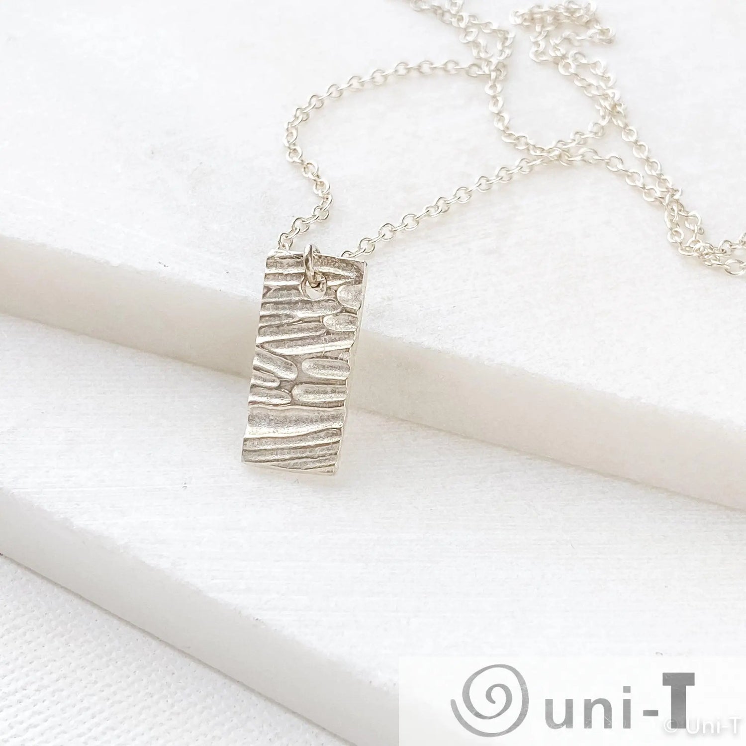 Silver Textured Rectangle Necklace, Precious Metal 99% Silver Clay with Sterling Silver Chain Amy Vulfovich