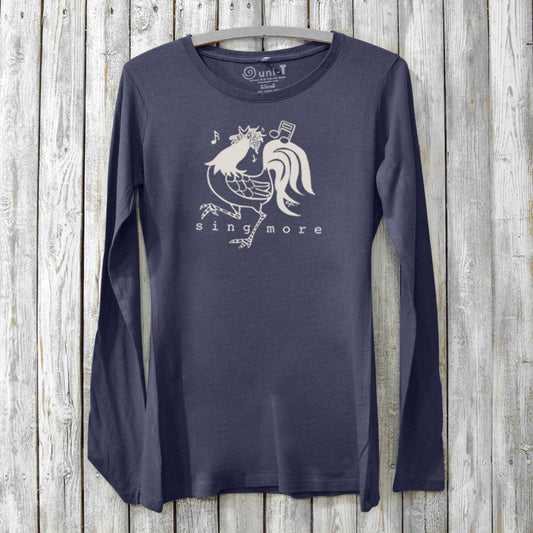 Navy Sing More Women's Bamboo Long Sleeve T-Shirt featuring a joyful rooster design. Sustainable music-themed tee made from organic cotton and bamboo.