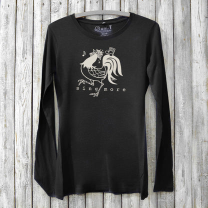 Black Sing More Women's Bamboo Long Sleeve T-Shirt with expressive rooster and music note print. Organic cotton blend for singers and music fans.