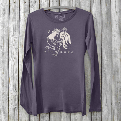 Dark purple Sing More Women's Bamboo Long Sleeve T-Shirt with whimsical rooster and music motif. Eco-conscious apparel for joyful expression.