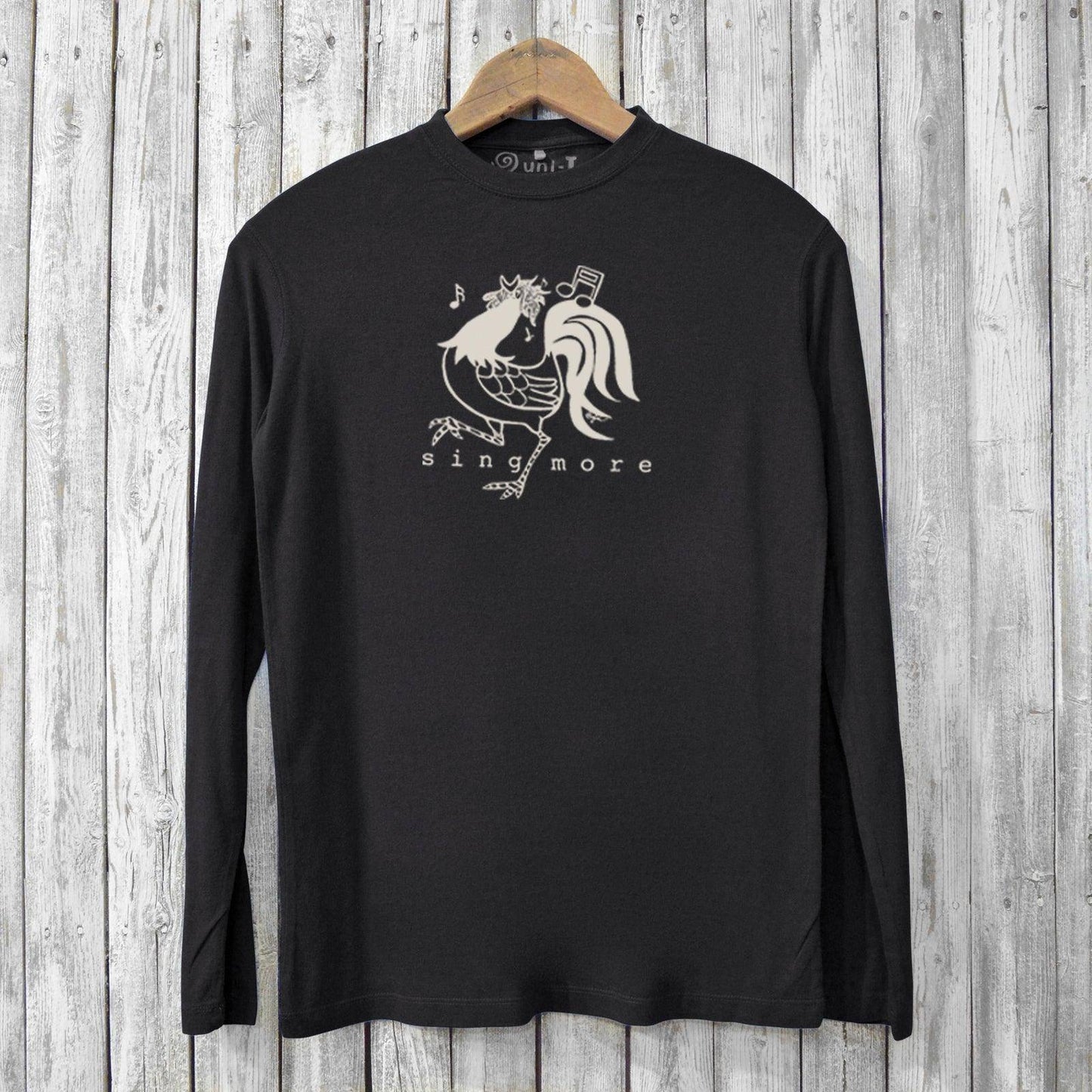 Black 'Sing More' chicken T-shirt for men made from bamboo and organic cotton with a musical rooster graphic. Eco-friendly long sleeve shirt.