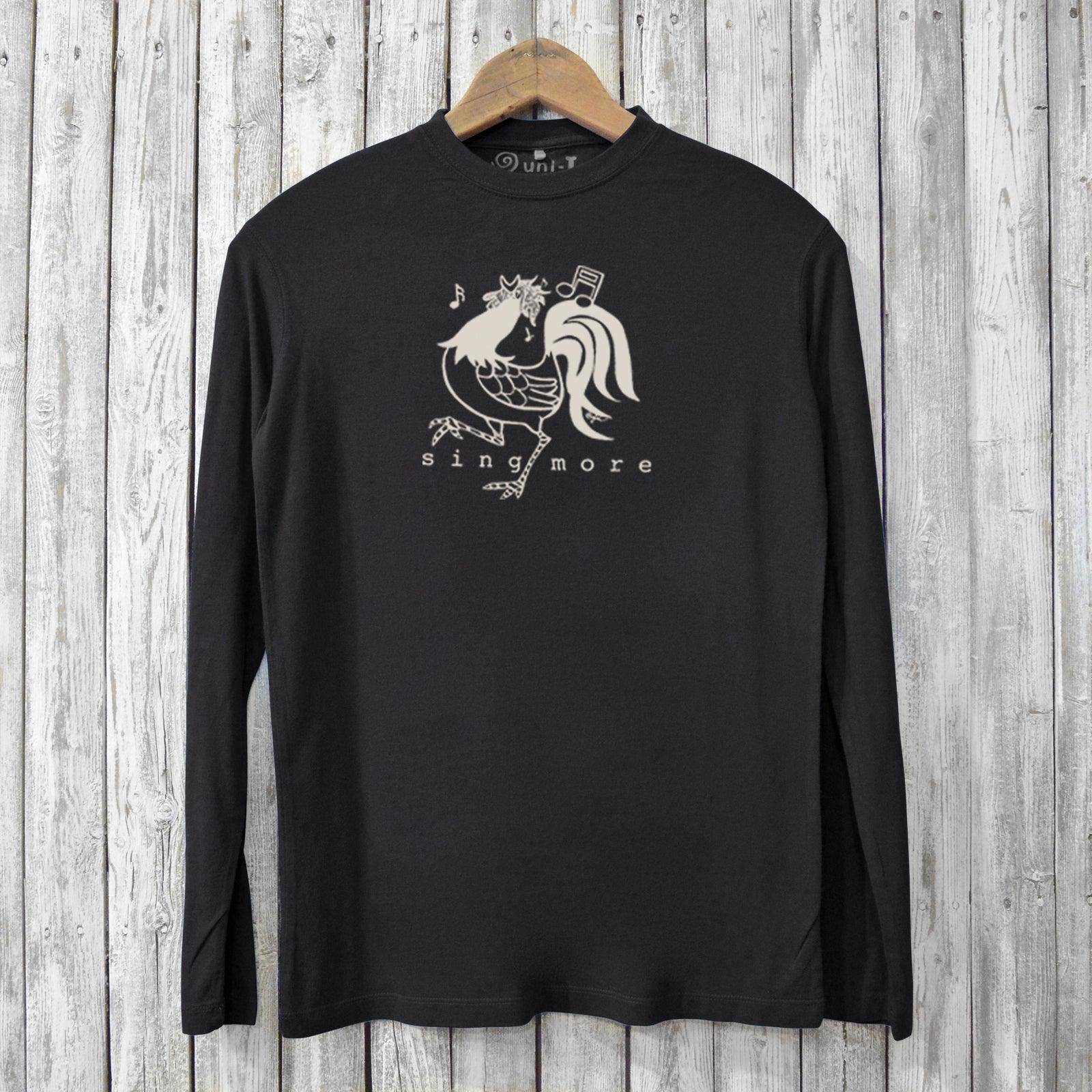 Black 'Sing More' chicken T-shirt for men made from bamboo and organic cotton with a musical rooster graphic. Eco-friendly long sleeve shirt.