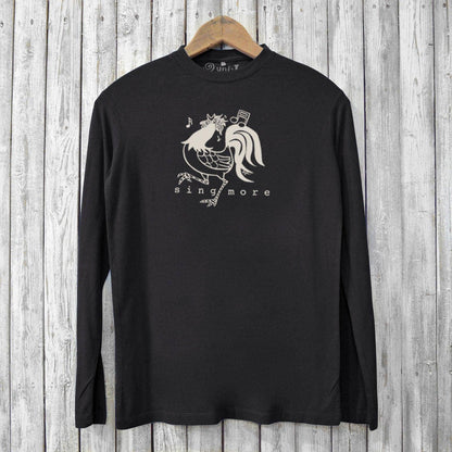 Black 'Sing More' chicken T-shirt for men made from bamboo and organic cotton with a musical rooster graphic. Eco-friendly long sleeve shirt.